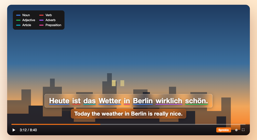 A German subtitle with words underlined in different colours and a legend naming each part of speech