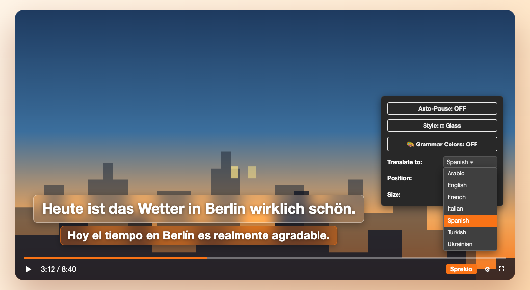 The Sprekio settings menu with a list of translation languages, Spanish selected