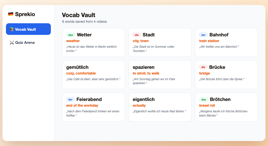 The Sprekio vocabulary page listing saved German words with their meanings and example sentences